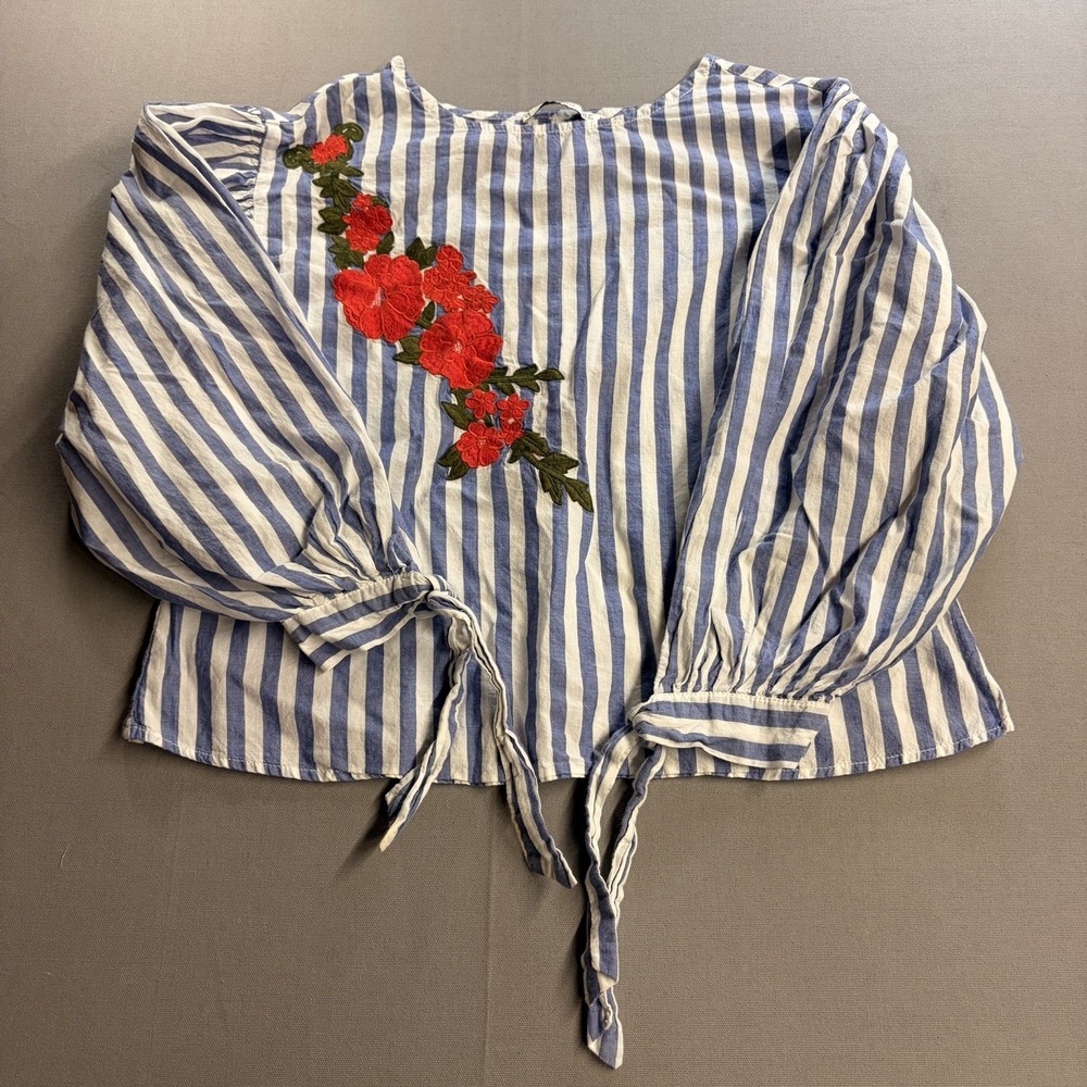 Mango Suit Womens XS Blue White Striped Floral Embroidered Cotton Blouse Top